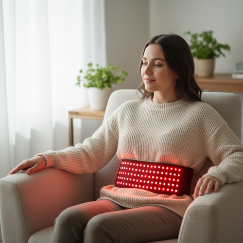 Mujer usando el cinturón BodyLuce en la zona lumbar sentada en un sillón